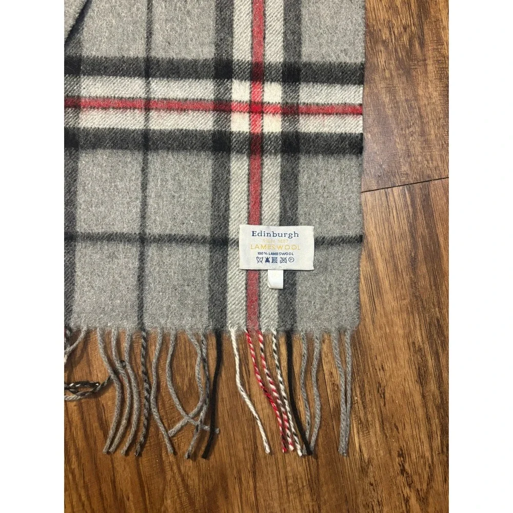 Edinburgh Lambswool Plaid Scarf Gray Red‎ Black Fringe preppy academia checkered